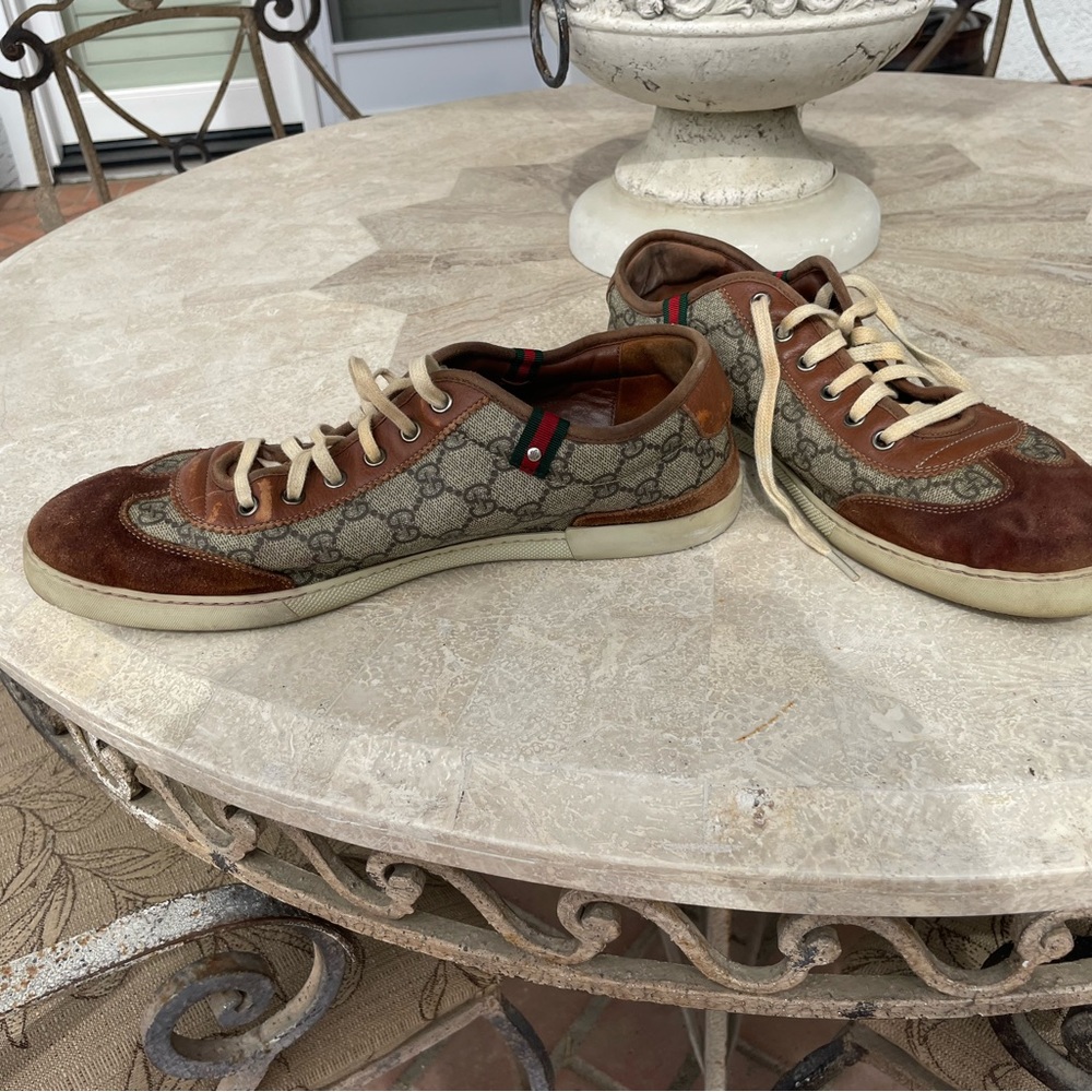 GUCCI 222734 Brown Leather Supreme GG lace up Sneaker Shoes Sz 10